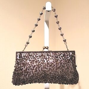 VINTAGE MATTINA T. GRAY SATIN EVENING BAG WITH SEQUINS/BEADED OVERLAY DETAIL